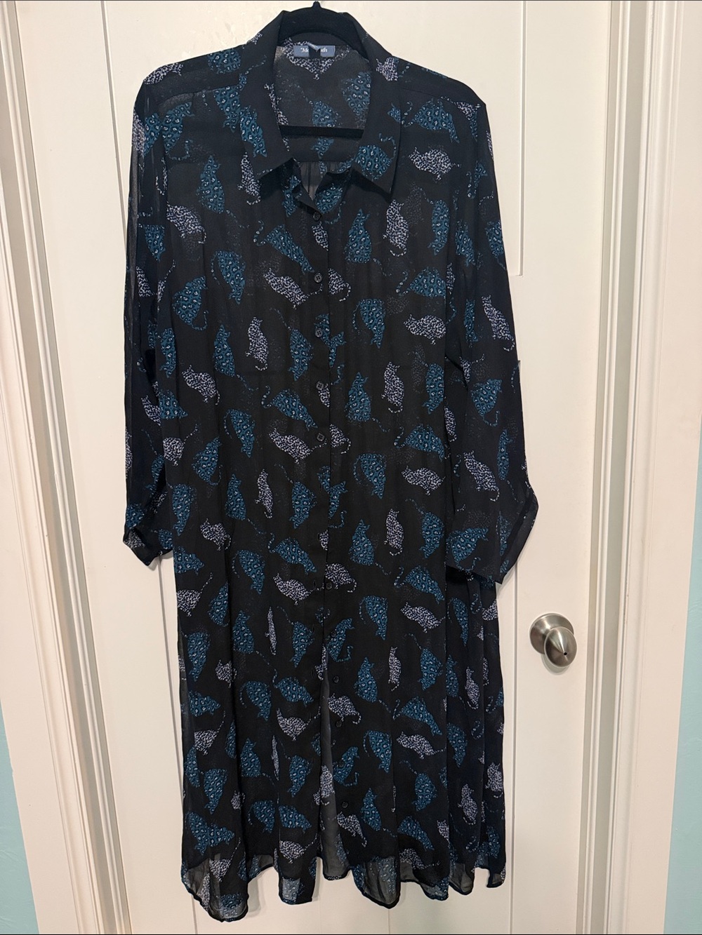 ModCloth Black Sheer Button Front Dress with Cat Print Cats are Leopard Print 2X